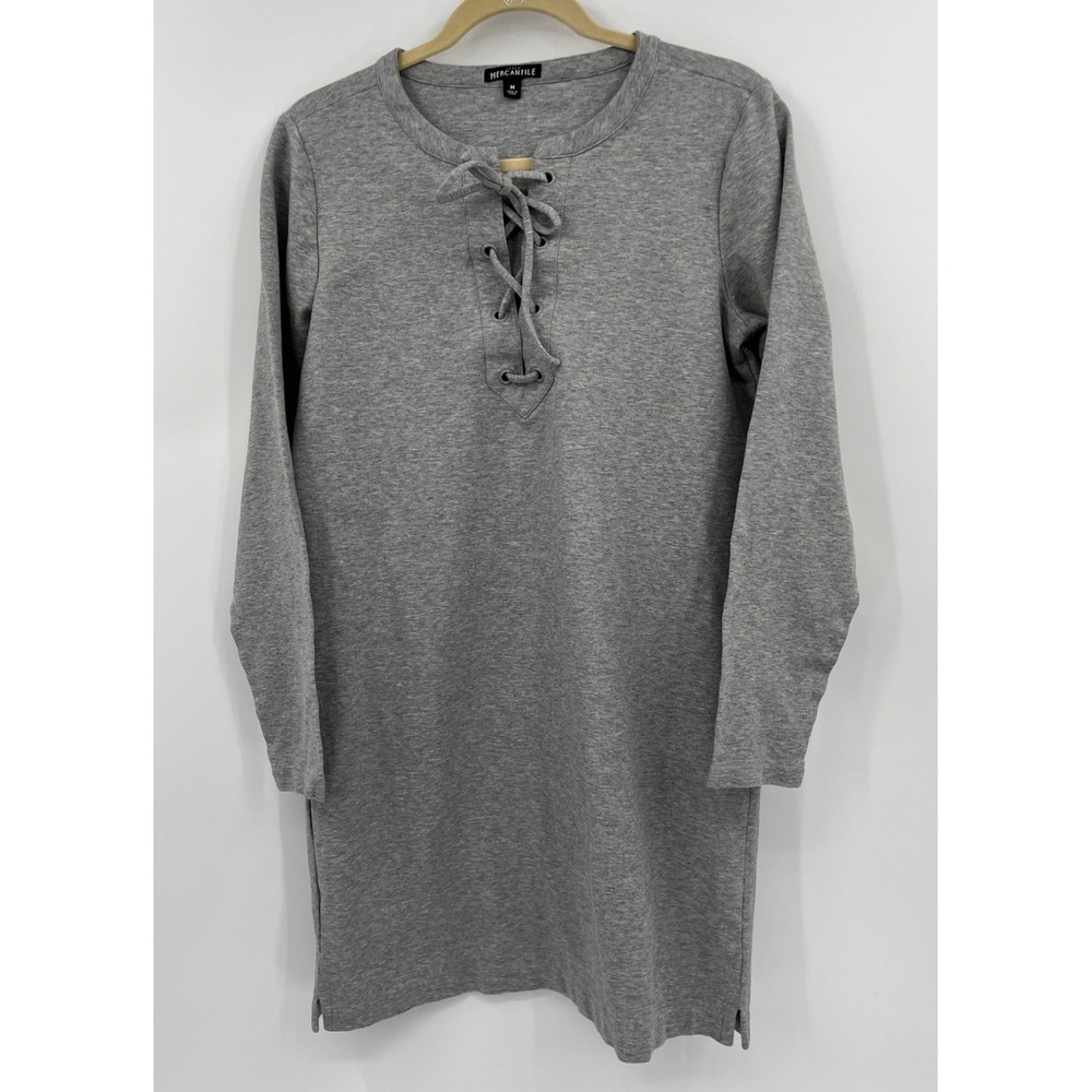 J.Crew Mercantile Knit Long Sleeve Dress Medium Heather Gray Lace Up Shift J6852
